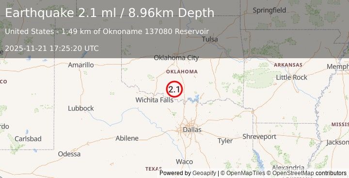 Earthquake 8 km ESE of Loco, Oklahoma (2.1 ml) (2025-11-21 17:25:20 UTC)
