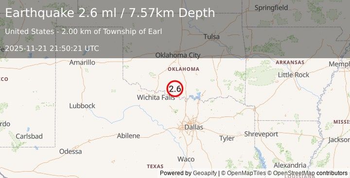 Earthquake 10 km NW of Healdton, Oklahoma (2.0 ml) (2025-11-21 21:50:23 UTC)