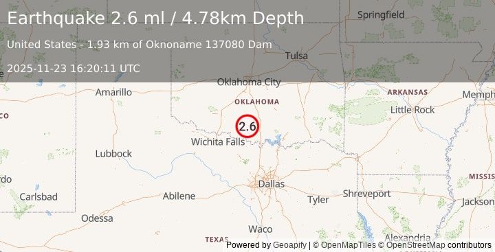 Earthquake 10 km NW of Healdton, Oklahoma (2.6 ml) (2025-11-23 16:20:11 UTC)
