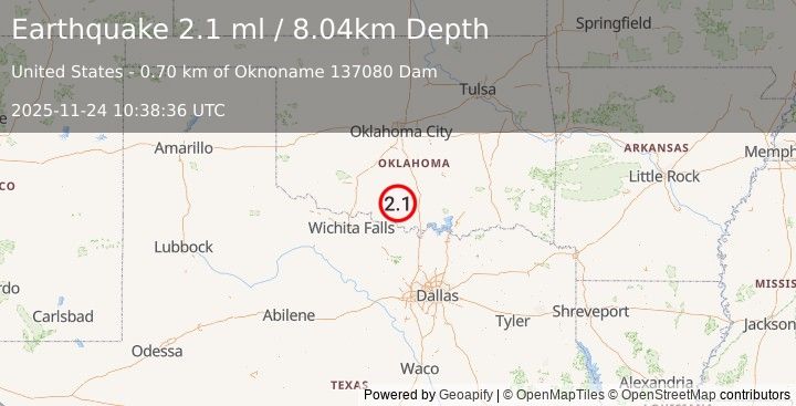 Earthquake 9 km ESE of Loco, Oklahoma (2.1 ml) (2025-11-24 10:38:36 UTC)