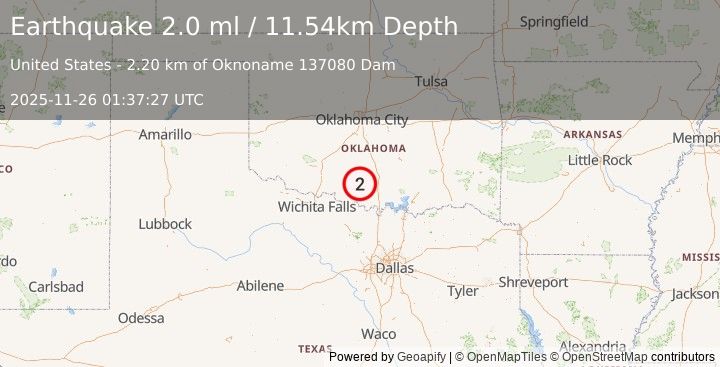 Earthquake 11 km NW of Healdton, Oklahoma (2.0 ml) (2025-11-26 01:37:27 UTC)