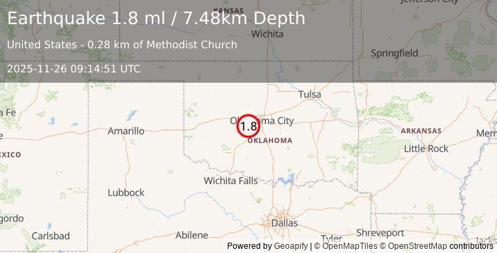 Earthquake 0 km NE of Minco, Oklahoma (1.8 ml) (2025-11-26 09:14:51 UTC)