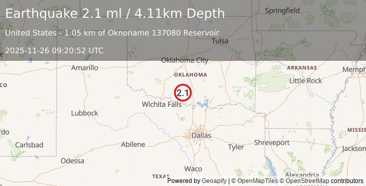 Earthquake 9 km ESE of Loco, Oklahoma (2.1 ml) (2025-11-26 09:20:52 UTC)