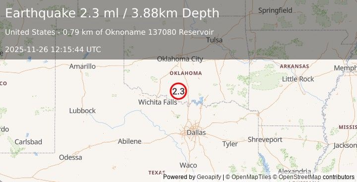 Earthquake 9 km ESE of Loco, Oklahoma (2.3 ml) (2025-11-26 12:15:44 UTC)