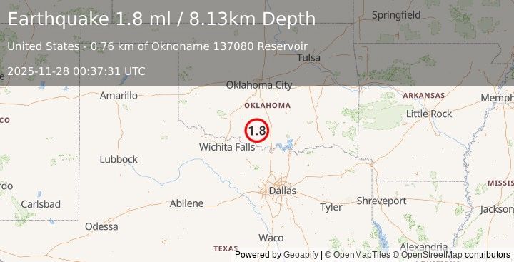 Earthquake 9 km ESE of Loco, Oklahoma (1.8 ml) (2025-11-28 00:37:31 UTC)