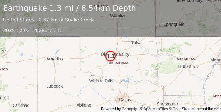 Earthquake 8 km NNW of Tuttle, Oklahoma (1.3 ml) (2025-12-02 14:28:27 UTC)