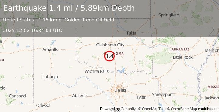 Earthquake 2 km E of Erin Springs, Oklahoma (1.4 ml) (2025-12-02 16:34:03 UTC)