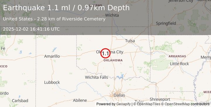 Earthquake 8 km N of Tuttle, Oklahoma (1.1 ml) (2025-12-02 16:41:16 UTC)