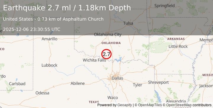 Earthquake 9 km SE of Loco, Oklahoma (2.6 ml) (2025-12-06 23:30:56 UTC)