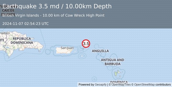 Earthquake 70 km NE of Cruz Bay, U.S. Virgin Islands (3.5 md) (2024-11-07 02:54:23 UTC)