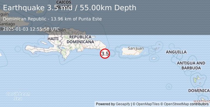 Earthquake 37 km SSE of Boca de Yuma, Dominican Republic (3.5 md) (2025-01-03 12:55:58 UTC)