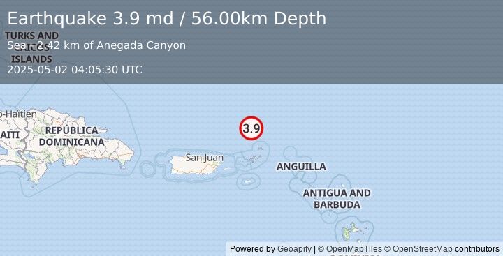 Earthquake 112 km N of Cruz Bay, U.S. Virgin Islands (3.9 md) (2025-05-02 04:05:30 UTC)