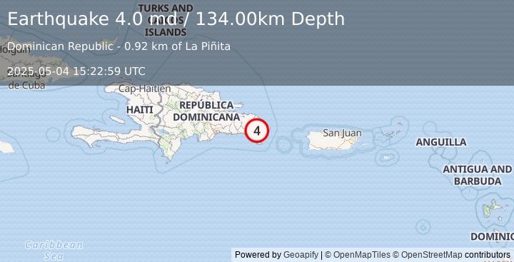Earthquake 11 km NW of San Rafael del Yuma, Dominican Republic (4.0 md) (2025-05-04 15:22:59 UTC)