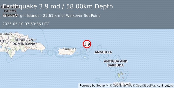 Earthquake 67 km NNE of Cruz Bay, U.S. Virgin Islands (3.9 md) (2025-05-10 07:53:36 UTC)