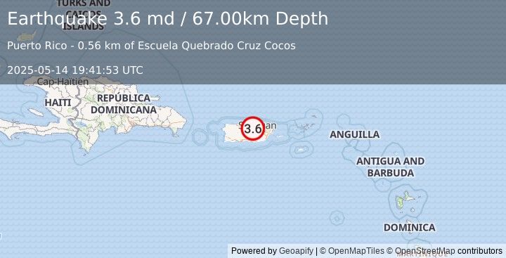 Earthquake 1 km SSE of Galateo, Puerto Rico (3.6 md) (2025-05-14 19:41:53 UTC)