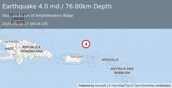Earthquake 135 km NNE of Vieques, Puerto Rico (4.0 md) (2025-05-15 17:09:24 UTC)