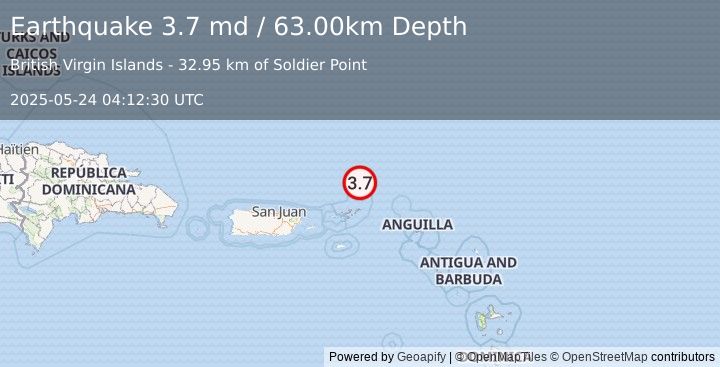 Earthquake 92 km NNE of Cruz Bay, U.S. Virgin Islands (3.7 md) (2025-05-24 04:12:30 UTC)