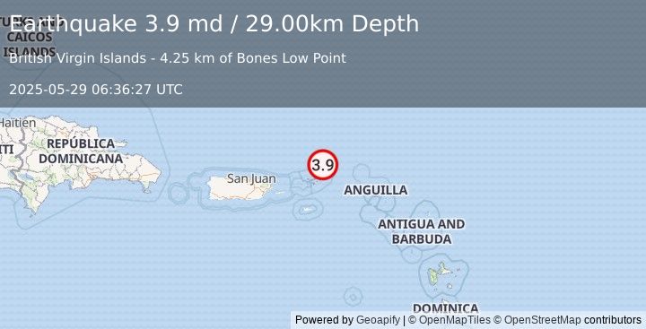 Earthquake 67 km NE of Cruz Bay, U.S. Virgin Islands (3.9 md) (2025-05-29 06:36:27 UTC)