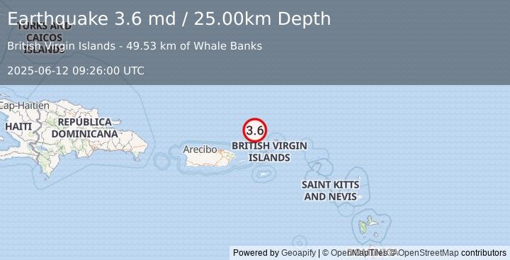 Earthquake 76 km N of Charlotte Amalie, U.S. Virgin Islands (3.6 md) (2025-06-12 09:26:00 UTC)