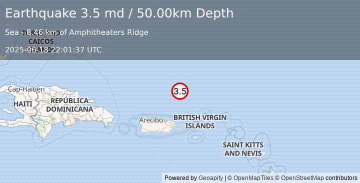 Earthquake 141 km NNE of Vieques, Puerto Rico (3.5 md) (2025-06-18 22:01:37 UTC)