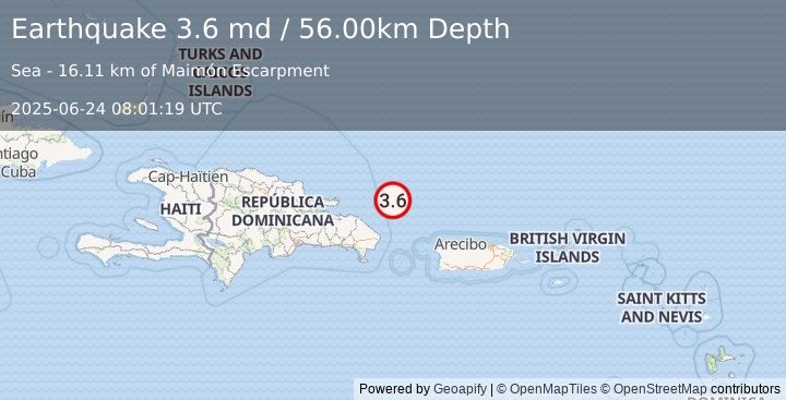 Earthquake 87 km NNE of Punta Cana, Dominican Republic (3.6 md) (2025-06-24 08:01:19 UTC)