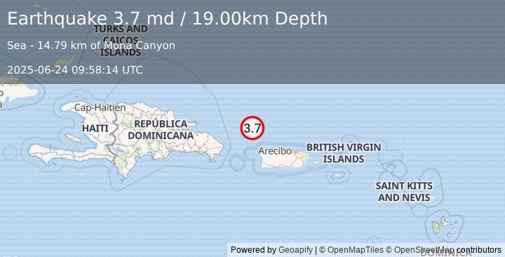 Earthquake 78 km NNW of San Antonio, Puerto Rico (3.7 md) (2025-06-24 09:58:14 UTC)