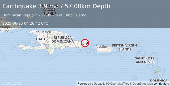 Earthquake 29 km NE of Punta Cana, Dominican Republic (3.9 md) (2025-06-25 04:26:42 UTC)