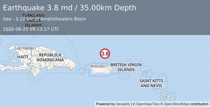 Earthquake 100 km N of San Juan, Puerto Rico (3.8 md) (2025-06-25 09:13:17 UTC)