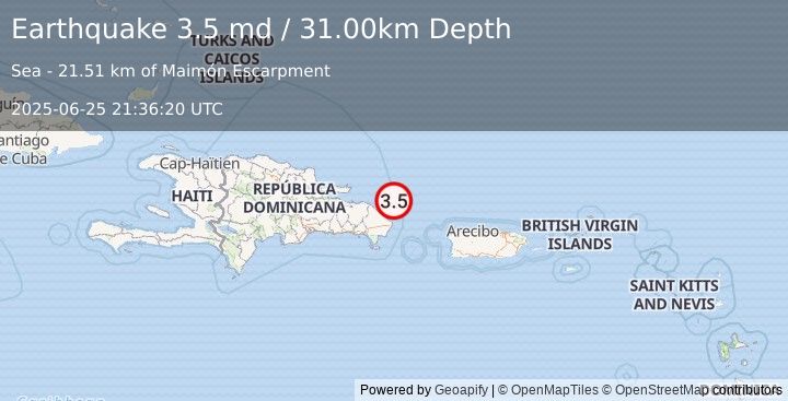 Earthquake 52 km NNE of Punta Cana, Dominican Republic (3.5 md) (2025-06-25 21:36:20 UTC)