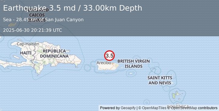 Earthquake 54 km N of Brenas, Puerto Rico (3.5 md) (2025-06-30 20:21:39 UTC)