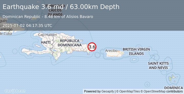 Earthquake 19 km N of Punta Cana, Dominican Republic (3.6 md) (2025-07-02 04:17:35 UTC)