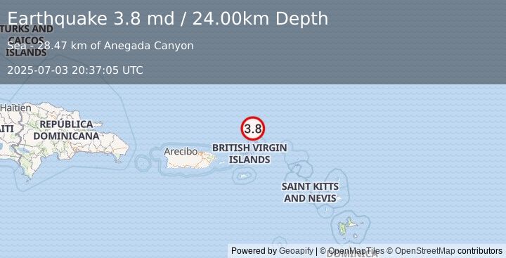 Earthquake 94 km NNE of Cruz Bay, U.S. Virgin Islands (3.8 md) (2025-07-03 20:37:05 UTC)