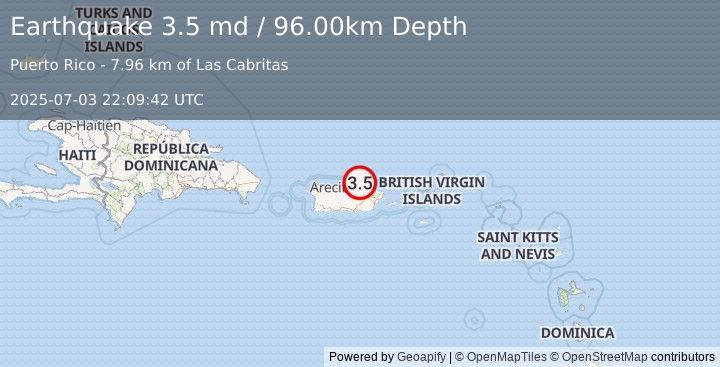 Earthquake 9 km NNW of San Juan, Puerto Rico (3.5 md) (2025-07-03 22:09:42 UTC)
