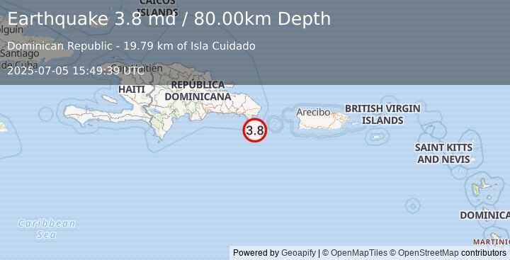 Earthquake 49 km S of Boca de Yuma, Dominican Republic (3.8 md) (2025-07-05 15:49:39 UTC)