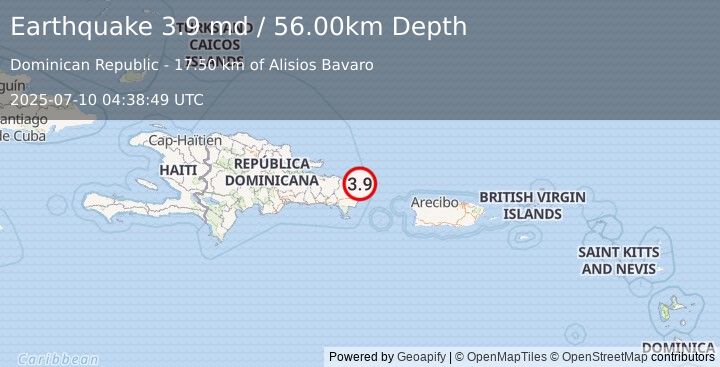 Earthquake 30 km N of Punta Cana, Dominican Republic (3.9 md) (2025-07-10 04:38:49 UTC)