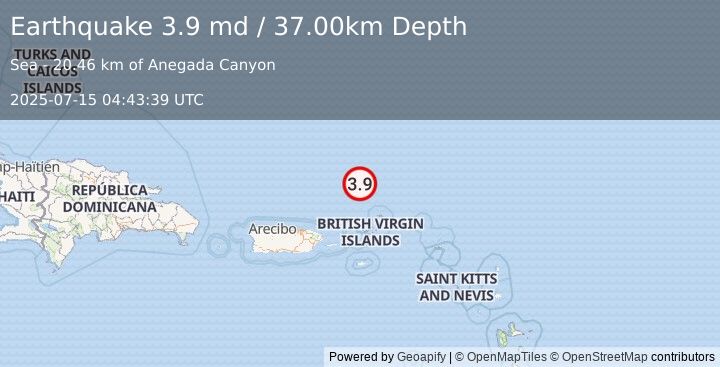 Earthquake 118 km N of Charlotte Amalie, U.S. Virgin Islands (3.9 md) (2025-07-15 04:43:39 UTC)