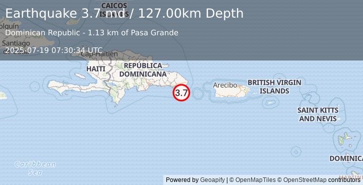 Earthquake 24 km S of Boca de Yuma, Dominican Republic (3.7 md) (2025-07-19 07:30:34 UTC)