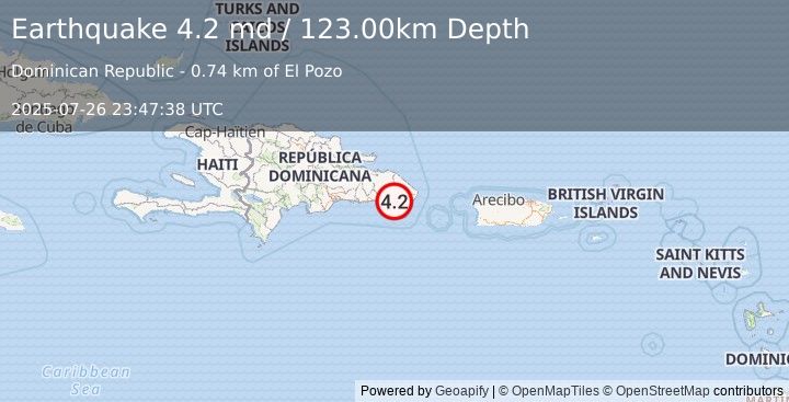 Earthquake 13 km W of San Rafael del Yuma, Dominican Republic (4.2 md) (2025-07-26 23:47:38 UTC)