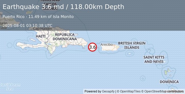 Earthquake 61 km SE of Punta Cana, Dominican Republic (3.6 md) (2025-08-01 03:10:38 UTC)