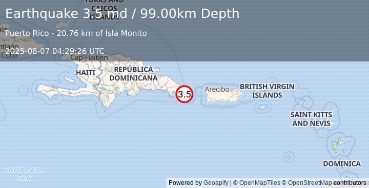 Earthquake 46 km SE of Punta Cana, Dominican Republic (3.5 md) (2025-08-07 04:29:26 UTC)