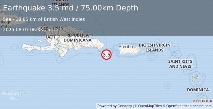 Earthquake 71 km SE of Boca de Yuma, Dominican Republic (3.5 md) (2025-08-07 06:33:15 UTC)