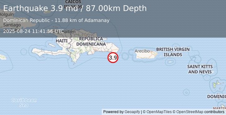 Earthquake 42 km SSW of Boca de Yuma, Dominican Republic (3.9 md) (2025-08-24 11:41:56 UTC)