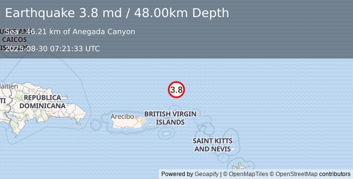 Earthquake 151 km NNE of Cruz Bay, U.S. Virgin Islands (3.8 md) (2025-08-30 07:21:33 UTC)