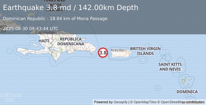 Earthquake 60 km W of Rincón, Puerto Rico (3.8 md) (2025-08-30 09:43:44 UTC)