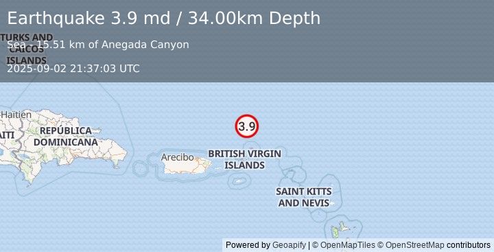 Earthquake 123 km NNE of Cruz Bay, U.S. Virgin Islands (3.9 md) (2025-09-02 21:37:03 UTC)