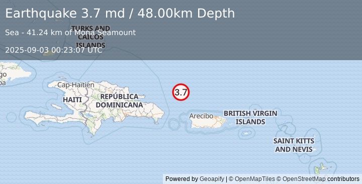 Earthquake 118 km NNW of San Antonio, Puerto Rico (3.7 md) (2025-09-03 00:23:07 UTC)
