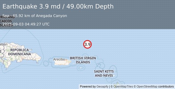 Earthquake 169 km NNE of Cruz Bay, U.S. Virgin Islands (3.9 md) (2025-09-03 04:49:27 UTC)
