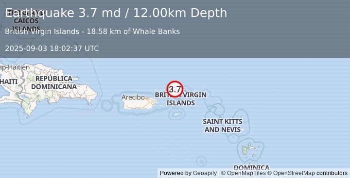 Earthquake 53 km NNE of Charlotte Amalie, U.S. Virgin Islands (3.7 md) (2025-09-03 18:02:37 UTC)