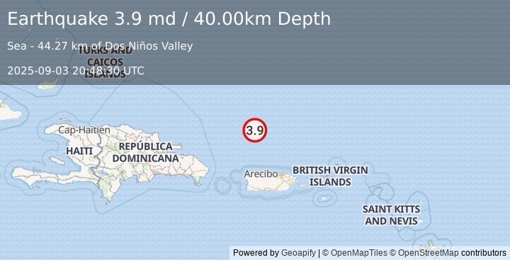 Earthquake 138 km N of Isabela, Puerto Rico (3.9 md) (2025-09-03 20:48:30 UTC)