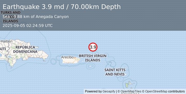 Earthquake 109 km NNE of Cruz Bay, U.S. Virgin Islands (3.9 md) (2025-09-05 02:24:59 UTC)